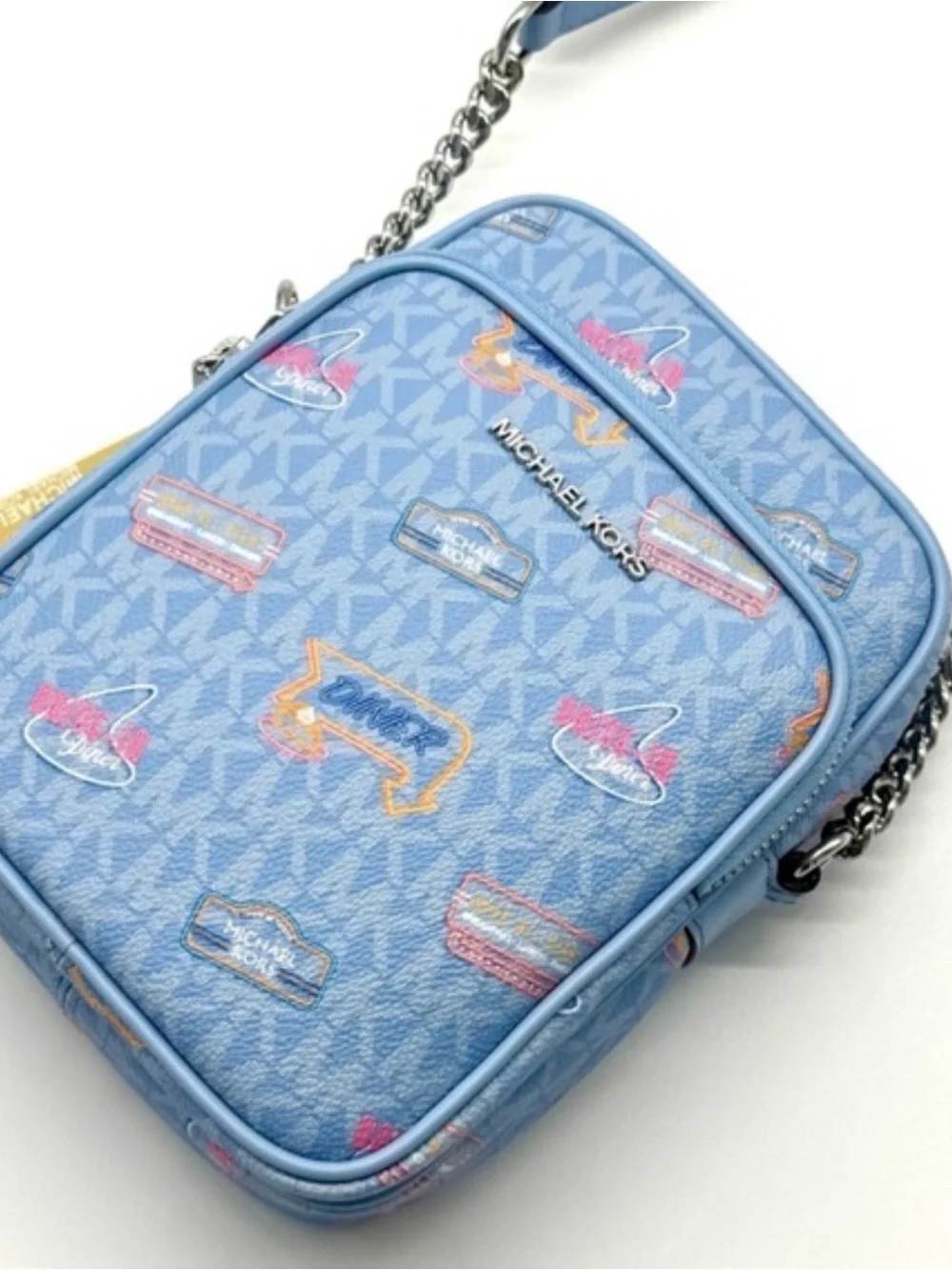 Michael Kors Light Blue Logo Print Messenger Crossbody with Chain Strap